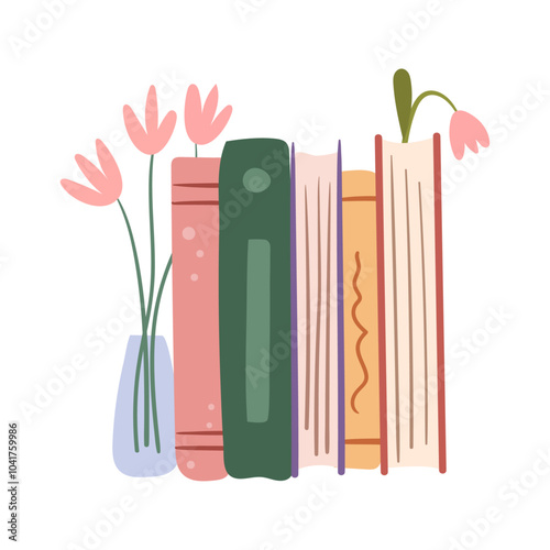 Textbooks or journals on shelf with vase. Vector isolated dairies or books with flower bouquets. Composition for interior design or bookstore. Cute bookworm spot, shop or store assortment