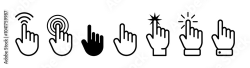 Tapping or selecting button on touchscreen. Vector isolated flat icons of retro cursors with hand and clicking interaction. UI and UX experience of user using application or programs in web