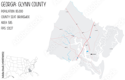 Large and detailed map of Glynn County in Georgia, USA.