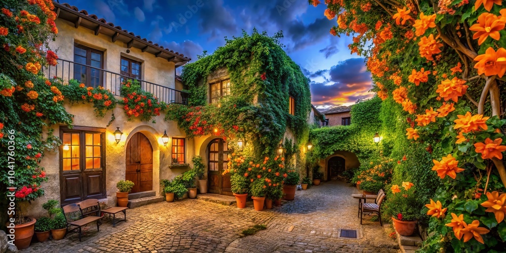 Fototapeta premium Beautiful Courtyard with House Facade Adorned by Orange Trumpet Flowers in a Lush Garden Setting