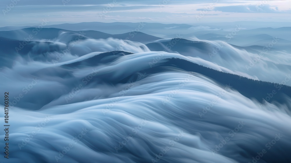 Serene Aerial View of Rolling Waves and Clouds Over Mountains Serene Aerial View of Rolling Waves and Clouds Over Mountains