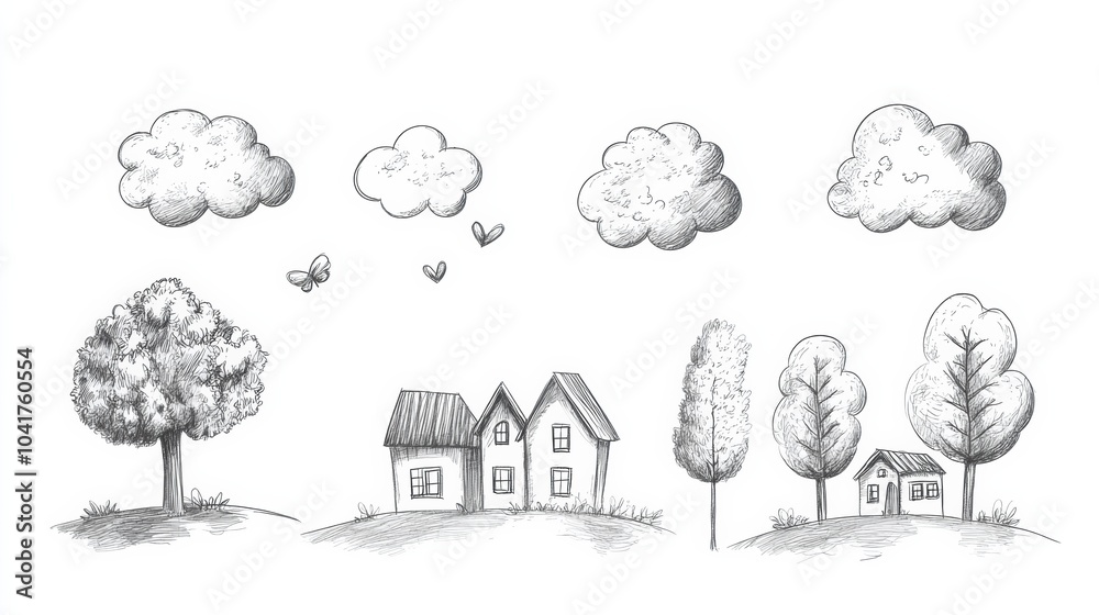 Playful sketches display whimsical clouds, trees, and houses, capturing a serene landscape brimming with creativity and imagination. Generative AI