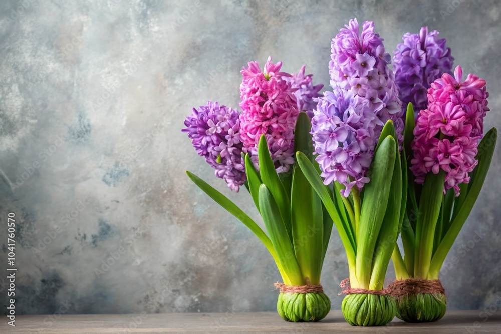 Fototapeta premium Beautiful Hyacinth Flowers in Lilac Shades on Gray Wall Background for Indoor Plant Enthusiasts