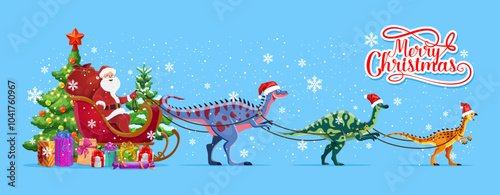 Santa in sleigh with dinosaurs. Cartoon vector Merry Christmas greeting card or banner featuring Santa Claus riding a sled pulled by dino animals in red hats, decorated Xmas tree and wrapped presents