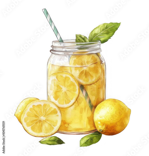 Lemonade clipart, a glass jar with a straw and lemon slices, a watercolor illustration, high-resolution on a transparent background in PNG