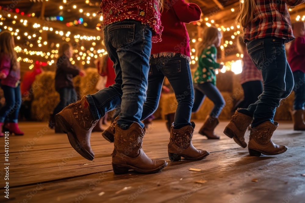 Children enjoying a lively line dance in rustic barn setting Children enjoying a lively line dance in rustic barn setting
