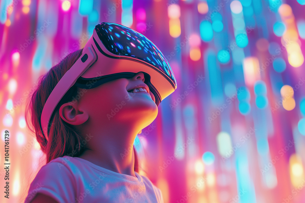 A young girl smiles while wearing a VR headset and headphones, immersed in a vibrant, colorful digital world. A young girl smiles while wearing a VR headset and headphones, immersed in a vibrant, colorful digital world.