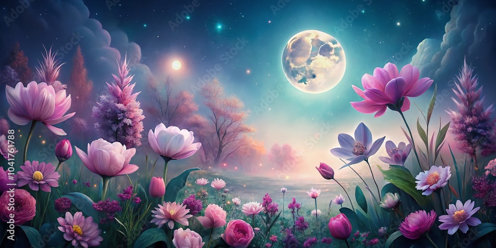 Obraz premium Beautiful Spring Banner Design with Soft Pastel Floral Elements for Night Photography Inspiration