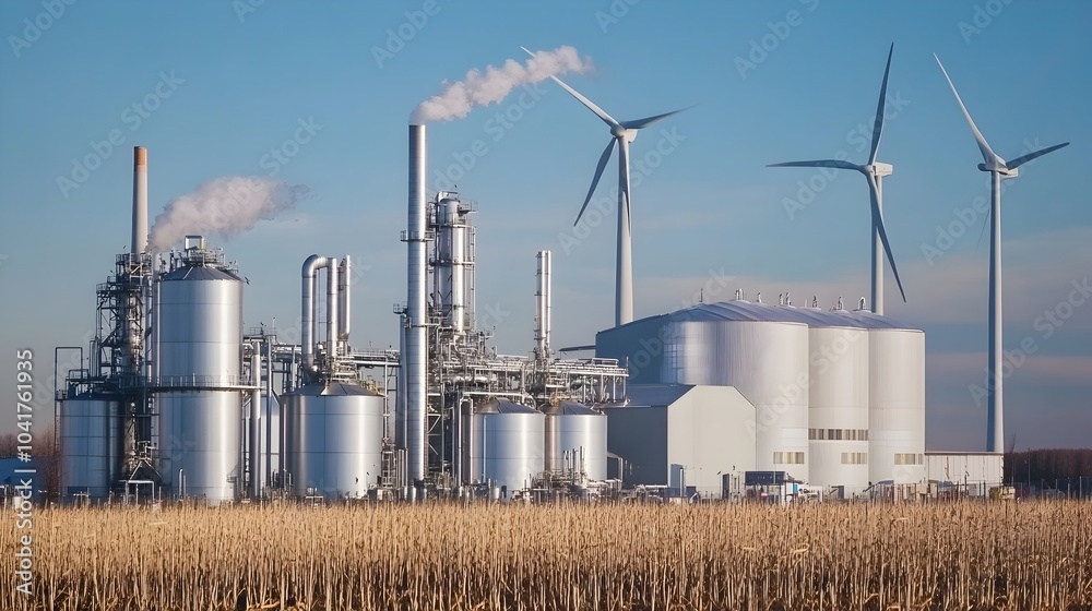 Renewable Energy Plant with Wind Turbines in Countryside Landscape