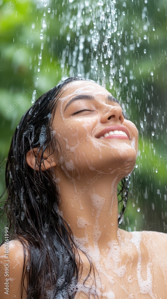 Obraz premium Serene Indian Woman Enjoying Refreshing Rain Shower