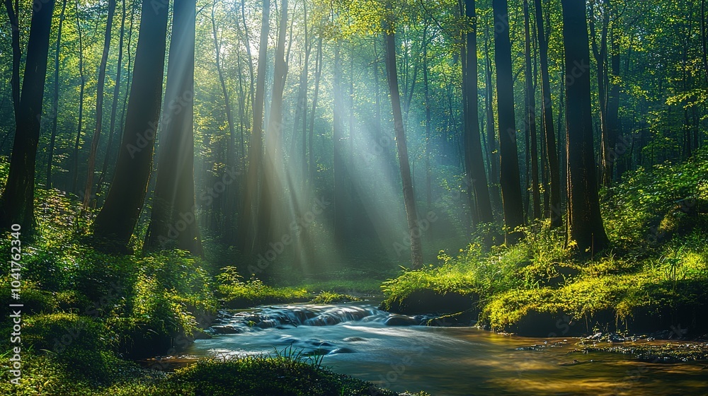 Fototapeta premium Serene Forest with Sunlight Streaming Through Trees