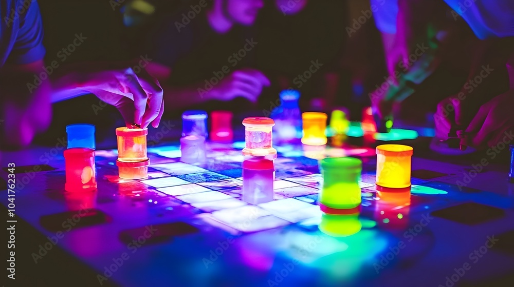 Group of friends engaged in a futuristic board game where holographic elements animate every strategic move creating an immersive and innovative entertainment experience Group of friends engaged in a futuristic board game where holographic elements animate every strategic move creating an immersive and innovative entertainment experience