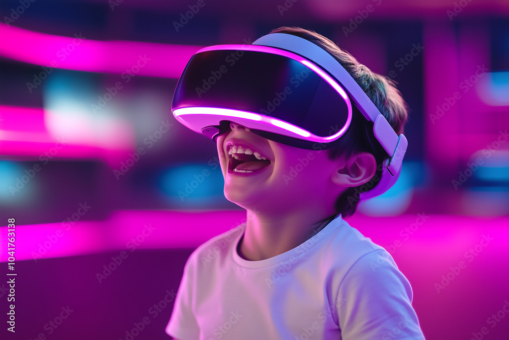 A young boy laughing while wearing a VR headset and headphones, immersed in a vibrant, colorful digital world. A young boy laughing while wearing a VR headset and headphones, immersed in a vibrant, colorful digital world.