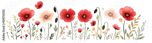 Beautiful watercolor illustration of vibrant poppy flowers with delicate foliage on a white background.