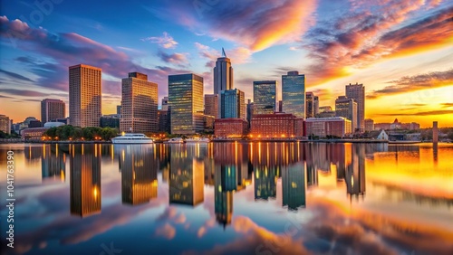 Boston skyline at sunset reflecting in water, with a focus on depth of field