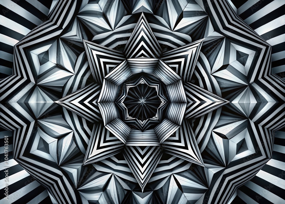 Black and White Geometric 3D Kaleidoscopic Pattern with Optical Illusion Stripes for Abstract Tech Art Black and White Geometric 3D Kaleidoscopic Pattern with Optical Illusion Stripes for Abstract Tech Art