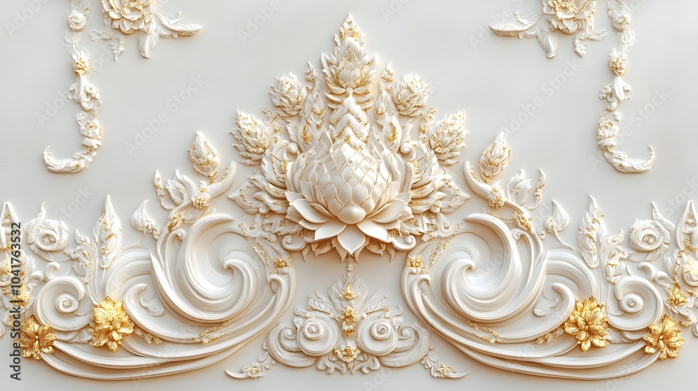Ornate White and Gold Thai-Inspired Mural Art with Floral Patterns and Intricate Scrollwork Ornate White and Gold Thai-Inspired Mural Art with Floral Patterns and Intricate Scrollwork