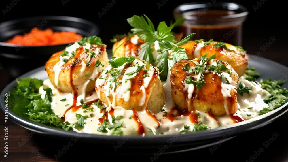 Herb-sauced potatoes artfully plated in a cozy eatery Herb-sauced potatoes artfully plated in a cozy eatery