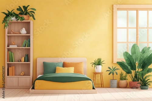 Bright and cozy bedroom with yellow walls, green and yellow bedding, and potted plants for a refreshing atmosphere. photo