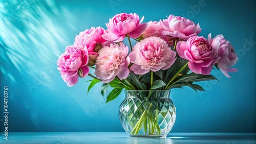 Bouquet of large peony flowers in crystal vase on blue background