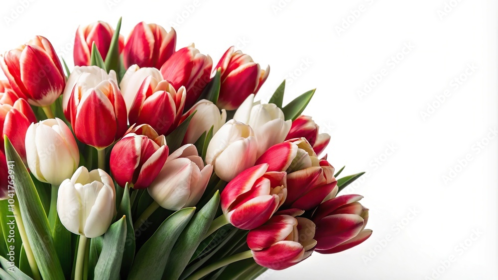 Bouquet of red and white tulips on white background in forced perspective Bouquet of red and white tulips on white background in forced perspective