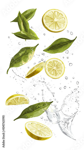 Green tea leaves with lemon slices, wave splash and drops. Isolated 3d vector herbal drink with fresh foliage cascade in transparent aqua with splashing droplets, the essence of freshness