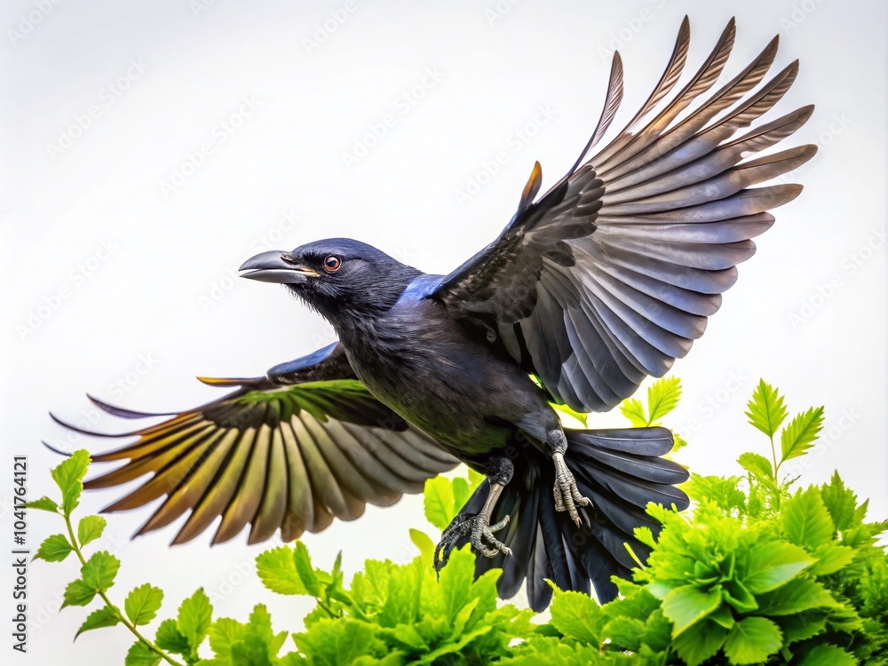 Naklejka premium Black Crow in Flight Among Green Leaves Against White Background - Stunning Macro Photography