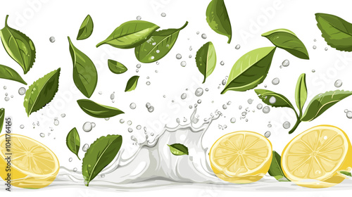 Green tea leaves with lemon slices, wave splash and drops. Isolated 3d vector herbal drink with fresh foliage cascade in transparent aqua with splashing droplets, the essence of freshness