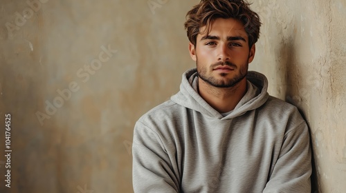 Young Man in Grey Hoodie Leaning Against Wall