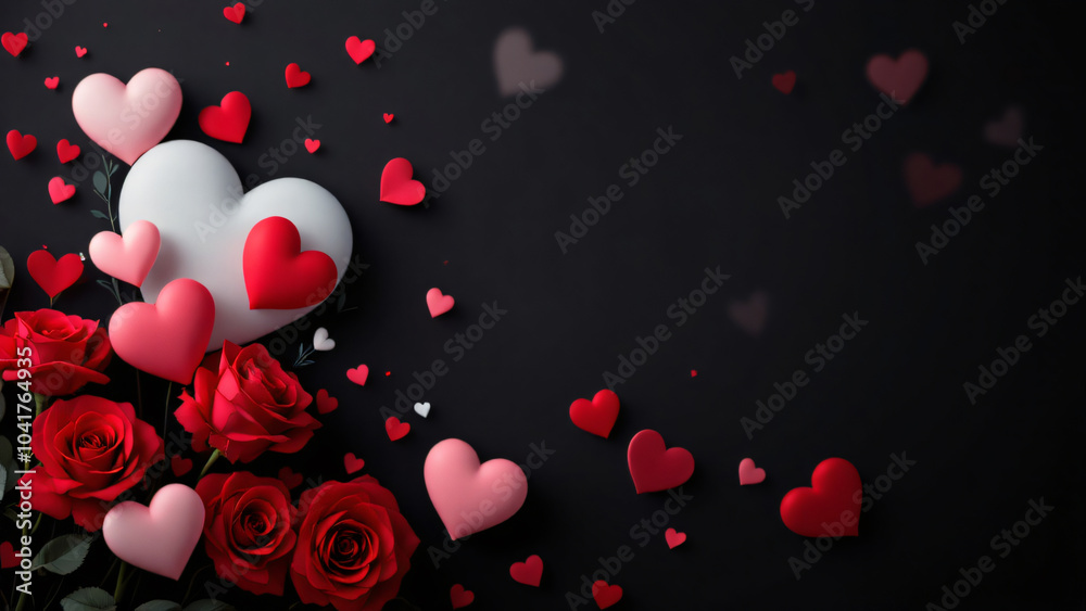 Valentine's hearts background, red roses isolated on a black background, empty space for text Valentine's hearts background, red roses isolated on a black background, empty space for text