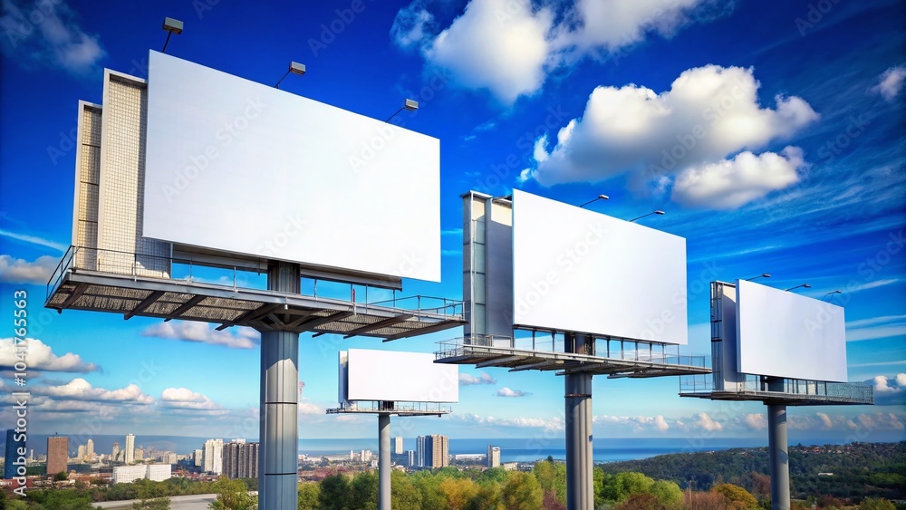 Fototapeta premium Blank Advertising Billboards Against a Clear Blue Sky for Creative Marketing Concepts