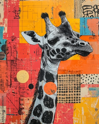 Playful Giraffe Collage with Colorful Background
