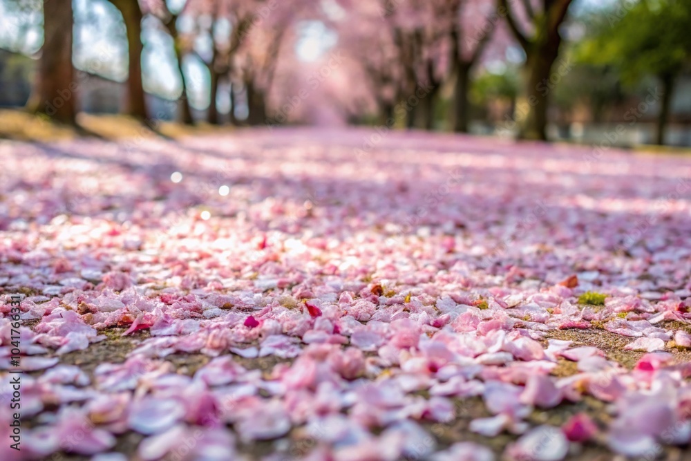 Cherry blossom petals covering the ground near water reflection Cherry blossom petals covering the ground near water reflection