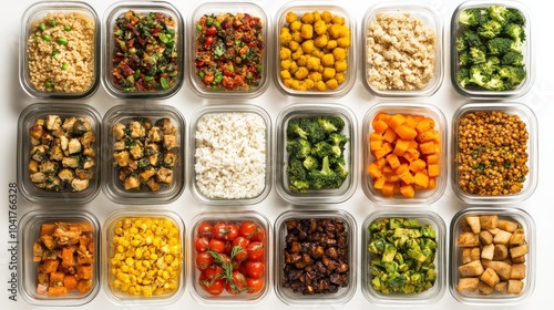 Assorted healthy meal prep containers with colorful vegetables, grains, and proteins, ideal for balanced diet and weekly meal planning.