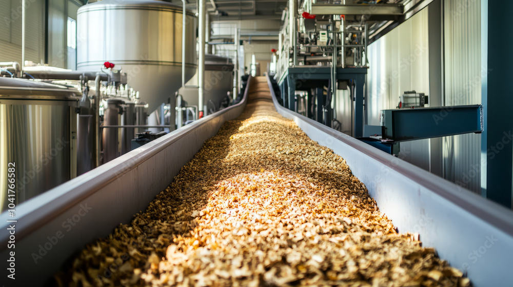 Bioenergy production facility turning organic waste into renewable energy, with large fermentation tanks and a conveyor belt of organic waste materials Bioenergy production facility turning organic waste into renewable energy, with large fermentation tanks and a conveyor belt of organic waste materials