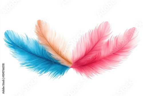 Colorful feathers in shades of blue, pink, and orange on a white background, showcasing elegance and vibrant hues.