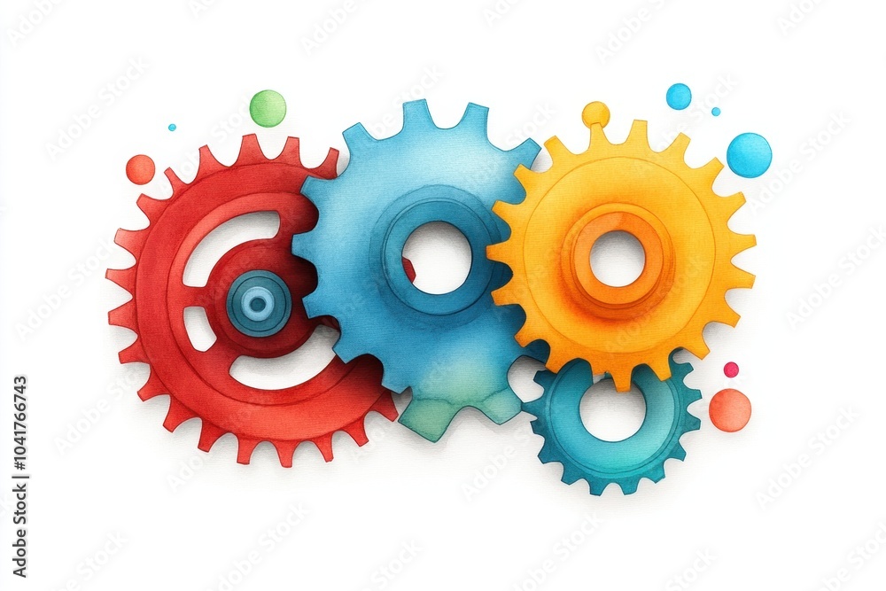 Colorful gear illustrations with a vibrant design on a white isolated background.