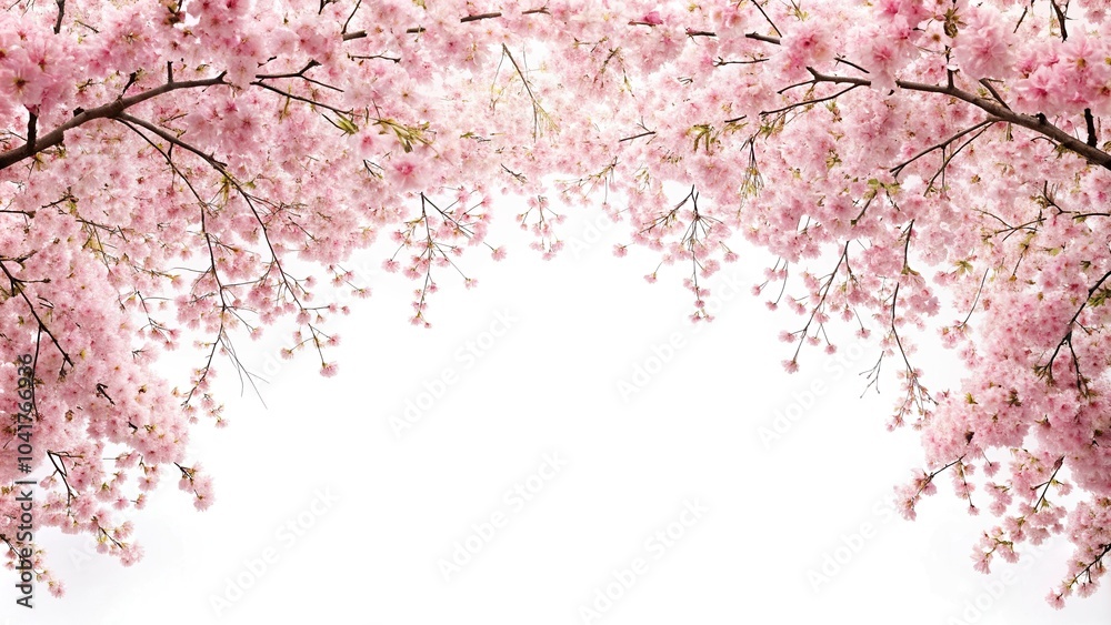Fototapeta premium Cherry blossom branches forming a canopy against white background