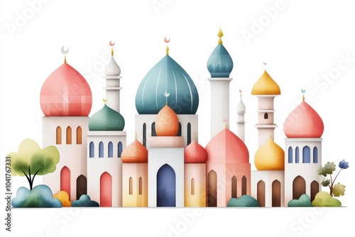 Colorful illustration of an iconic architectural skyline with domes and trees on a white background. photo