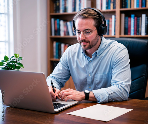 Professional Man Working on Laptop with Headphones in Modern Office Setting