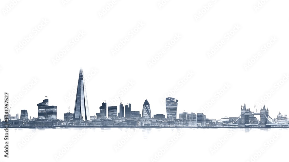 Naklejka premium Iconic London Skyline with Shard and Tower Bridge in Silhouette Against Blank Sky