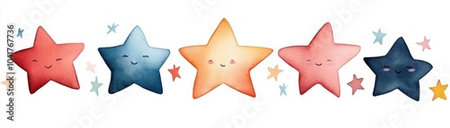 Colorful, cheerful stars with smiling faces on a white background, perfect for children's art and design projects. photo