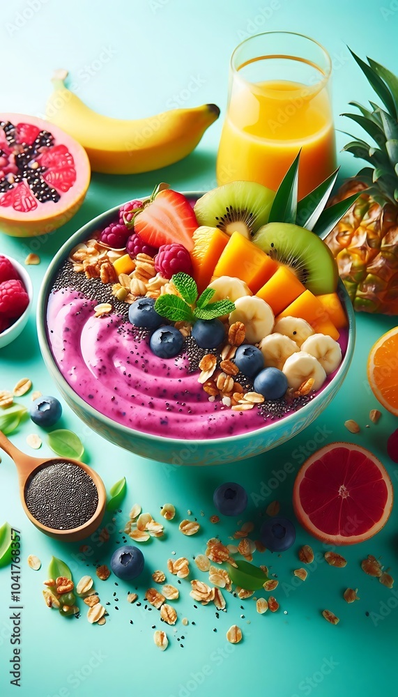 Vibrant smoothie bowl with tropical fruits, granola, and chia seeds on bright pastel background,generative ai
Vibrant smoothie bowl with tropical fruits, granola, and chia seeds on bright pastel background,generative ai