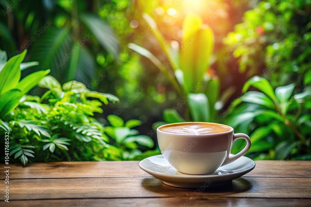 Cappuccino coffee cup against green plants with leading lines Cappuccino coffee cup against green plants with leading lines