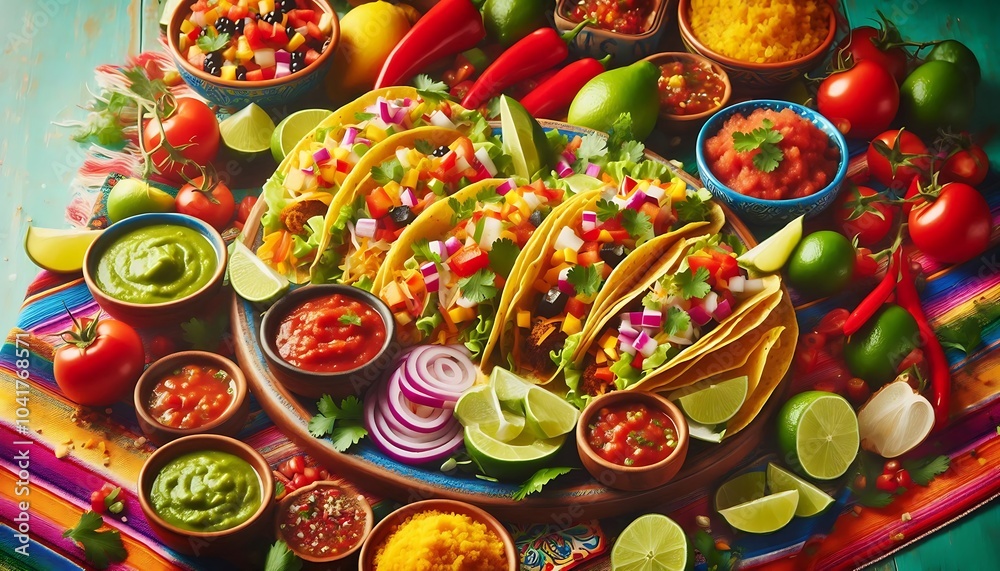 Colorful taco platter with various toppings, fresh salsa, and lime slices on vibrant fiesta table,generative ai
Colorful taco platter with various toppings, fresh salsa, and lime slices on vibrant fiesta table,generative ai