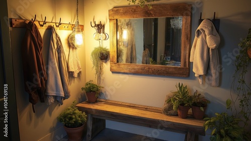 An inviting entryway with a reclaimed wood bench, hooks for coats, and rustic decor items like a vintage mirror and potted plants, all accented by soft lighting. photo