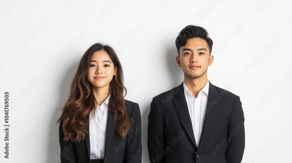 Photo of two young Asian business people on white background Photo of two young Asian business people on white background