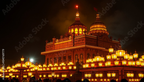 vibrant temple shines brightly with glowing lanterns, creating festive atmosphere