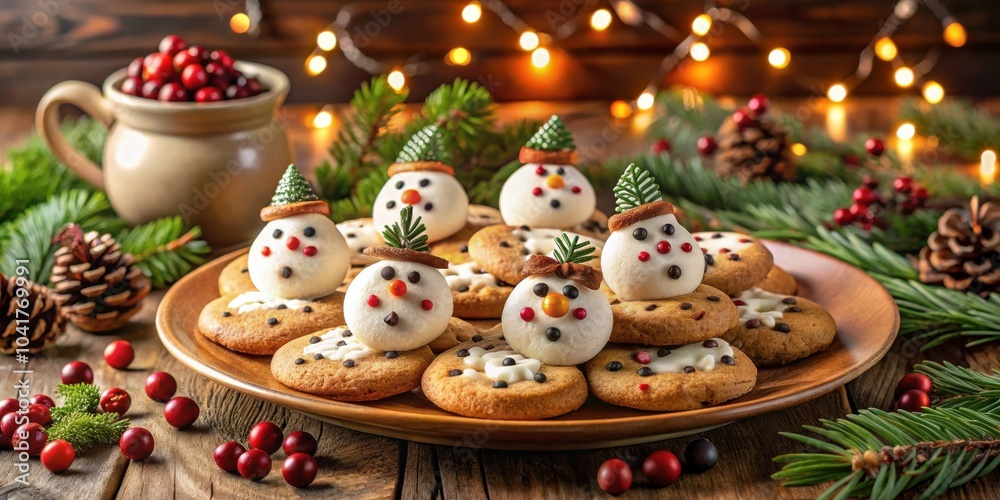 Delightful Snowman Cookies Decorated with Festive Sprinkles and Pine Sprigs on a Rustic Wooden Surface Delightful Snowman Cookies Decorated with Festive Sprinkles and Pine Sprigs on a Rustic Wooden Surface
