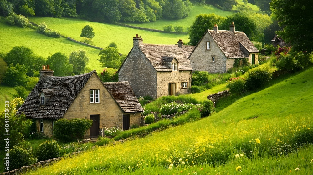 Fototapeta premium Charming English Countryside Cottages Nestled in Lush Green Hillside Landscape